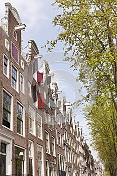 Canal houses on leidsegracht in centre of amsterdam with green t photo