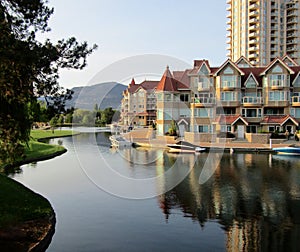 Canal in Kelowna downtown Waterfront Park on Okanagan Lake, BC Canada.