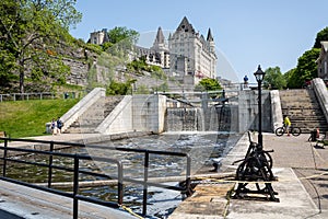 Canal locks in front of the Fairmont Chateau Laurier Hotel in Ottawa, Ontario, Canada
