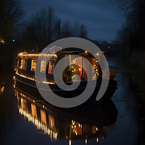 A canal narrowboat on an English canal. Small space eco-friendly living. A generative AI image of a compact floating home.