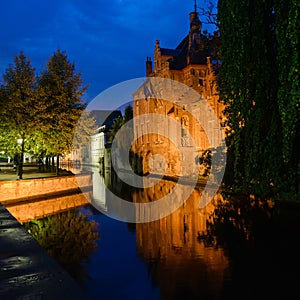 Canal and Old Houses at Night in Brugge