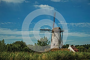 Canal with old windmill, grove and bushes in the background, in the late afternoon light and blue sky near Damme.