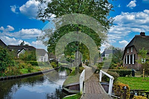 Canal in the picturesque Dutch village of Giethoorn.