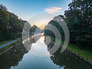 Canal Serenity: Tranquil Waters Amidst Towering Trees photo