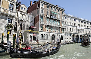 A canal in Venice/gondolas on the blue waters.