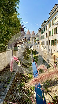 Canal in Yverdon-les-Bains Switzerland under a blue sky