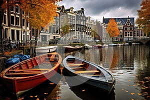 Canals of Amsterdam in autumn, Amsterdam Netherlands dancing houses over river Amstel , AI Generated