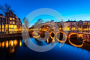 Canals of Amsterdam at night. Amsterdam is the capital and most populous city of the Netherlands photo