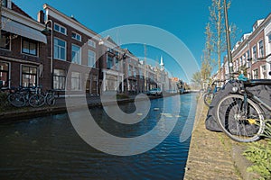 Canals, Brick Houses, Parked Bicycles in Delft, Netherlands