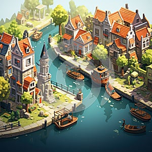 Canals Design picturesque waterways with boats arched bridges picturesque scenes AI Isometric game