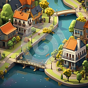 Canals Design picturesque waterways with boats arched bridges picturesque scenes AI Isometric game