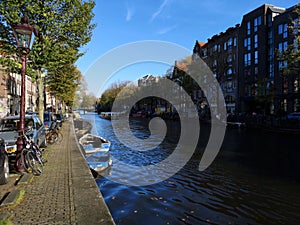 Canals and houses of Amsterdam city, in Holland, Netherlands