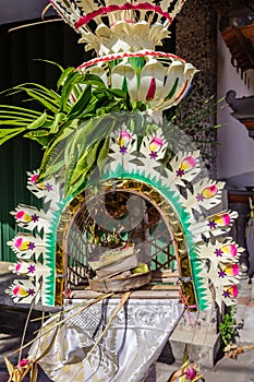 Canang sari in a Penjor pole for Galungan celebration, Bali Island, Indonesia