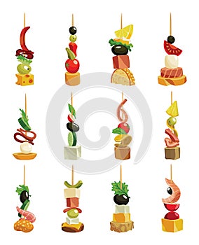 Canape of appetizer with different toppings. Various snacks for party, cold food on wooden sticks. Canapes for buffet