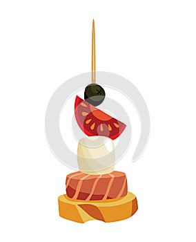 Canape of appetizer with toppings. Snack for party, cold food on wooden stick. Canape for buffet, icon isolated on white