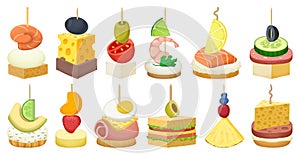 Canape and food cartoon vector set illustration of icon.Food and appetizer vector set of icon.Canape cartoon collection