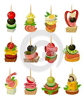 Canape of food vector illustration on white background. Isolated cartoon set icon appetizer. Vector cartoon set icon