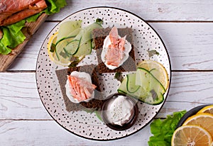 Canape with hot smoked red fish and sour cream sauce on rye bread served with cucumber and lemon slices