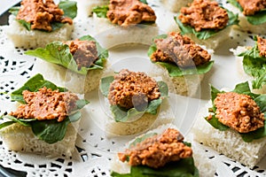 Canape with Muhammara, Adjika, Ajika or Acuka on Small Square Breads with Round Plate.