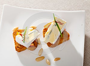 Canape with orange and blue cheese photo
