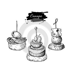 Canape vector drawings. Food appetizer and snack sketch. Finer f