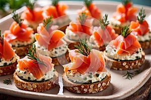 Canapes appetizer snacks with cream cheese and smoked salmon photo