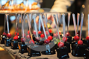 Canapes on the buffet table. Stand-up meal