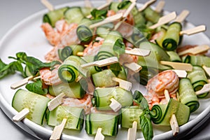 Canapes with cucumber and shrimp on a large plate