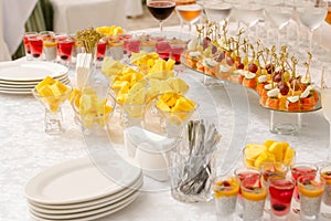 Canapes, fruits and beverages on the buffet table. Stand-up meal