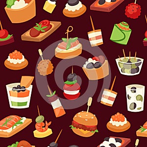 Canapes, mini burgers, appetizer, finger food with caviar, olives and green vegetables cartoon seamless pattern vector