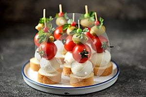 Canapes of mozzarella, green olives, cherry tomatoes, parsley on croutons of white bread.