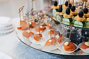 Canapes with olives, cheese, cucumber and red fish for a delicious appetizer at a festive event