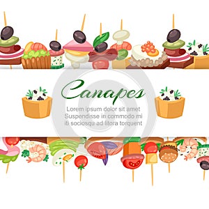 Canapes, tapas on plate, appetizer, finger food with caviar, olives and green vegetables cartoon banner with lettering