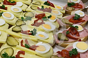 Canaps and open sandwich on the table in the room.