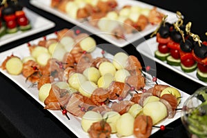CanapÃÂ© snacks on the table. Offsite catering at the event. Close-up