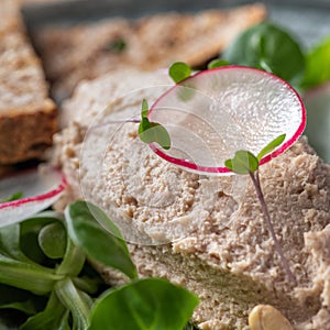Canard Foie gras Pate made of the liver of a duck or goose with toasted bread slice