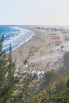 Canary islands Concepts. View of Playa del Ingles Beach in Maspalomas Located in Gran Canaria with Sand Gales and Chairs photo