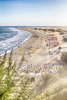 Canary islands Concepts. View of Playa del Ingles Beach in Maspalomas Located in Gran Canaria with Sand Storm