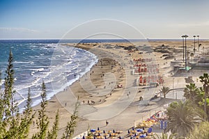 Canary islands Concepts. View of Playa del Ingles Beach in Maspalomas Located in Gran Canaria with Sand Storm