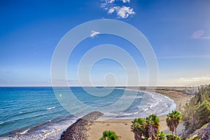 The Canary Islands Ideas. Picturesque View of Playa del Ingles Beach in Maspalomas With Sand Dunes and Palms Trees at Gran Canaria