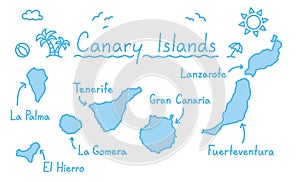 Canary islands map hand drawing doodle outline blue isolated travelling concept