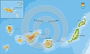 Canary and Madeira islands physical map