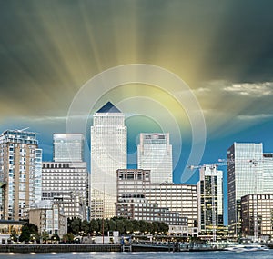 Canary Wharf buildings, beautiful skyline of London at dusk