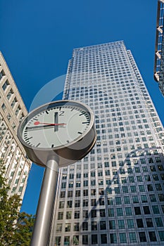 Canary Wharf clock and skyscrapers in the financial center