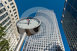 Canary Wharf clock and skyscrapers in the financial center of Lo