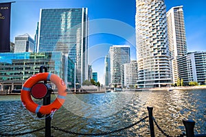 Canary Wharf financial district of London skyscrapers and canal view