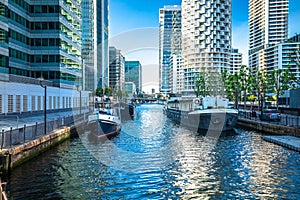 Canary Wharf financial district of London skyscrapers and canal view