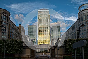 Canary Wharf London from Cabot Square dusk photo