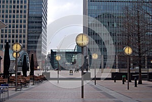 Canary Wharf, London, showing clocks