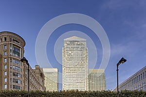 Canary wharf riverside modern buildings, London, United Kingdom.